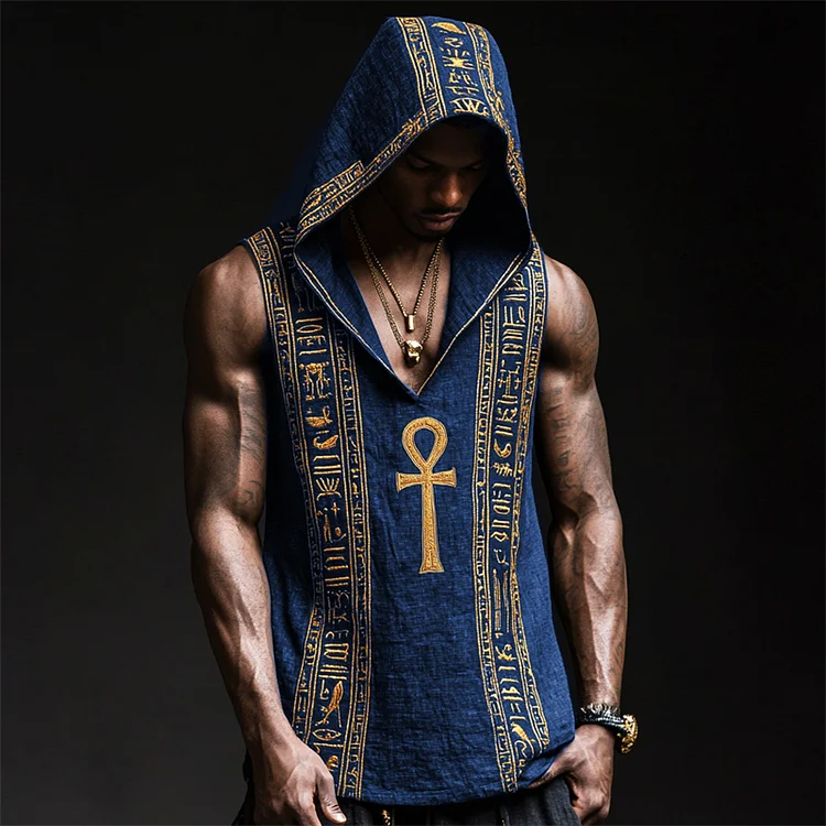 Men's Ankh Ancient Egyptian Embroidered Hooded Linen Tank