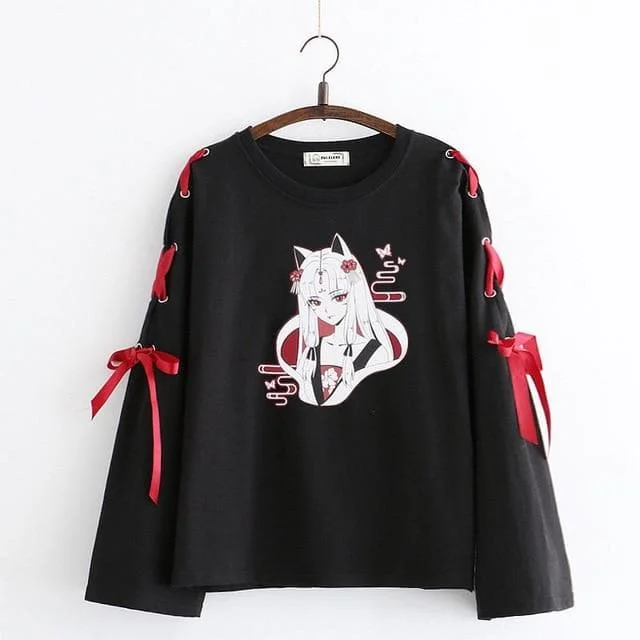 Anime Fox Printed Cross Ribbon Lolita Shirt SP14974