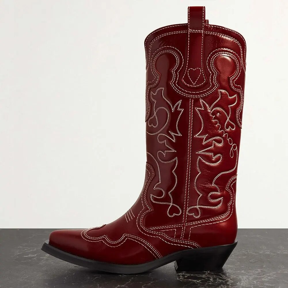 TAAFO Maroon Pointed Toe Embroidered Western Mid-calf Cowboy Boots For Women 4 Cm