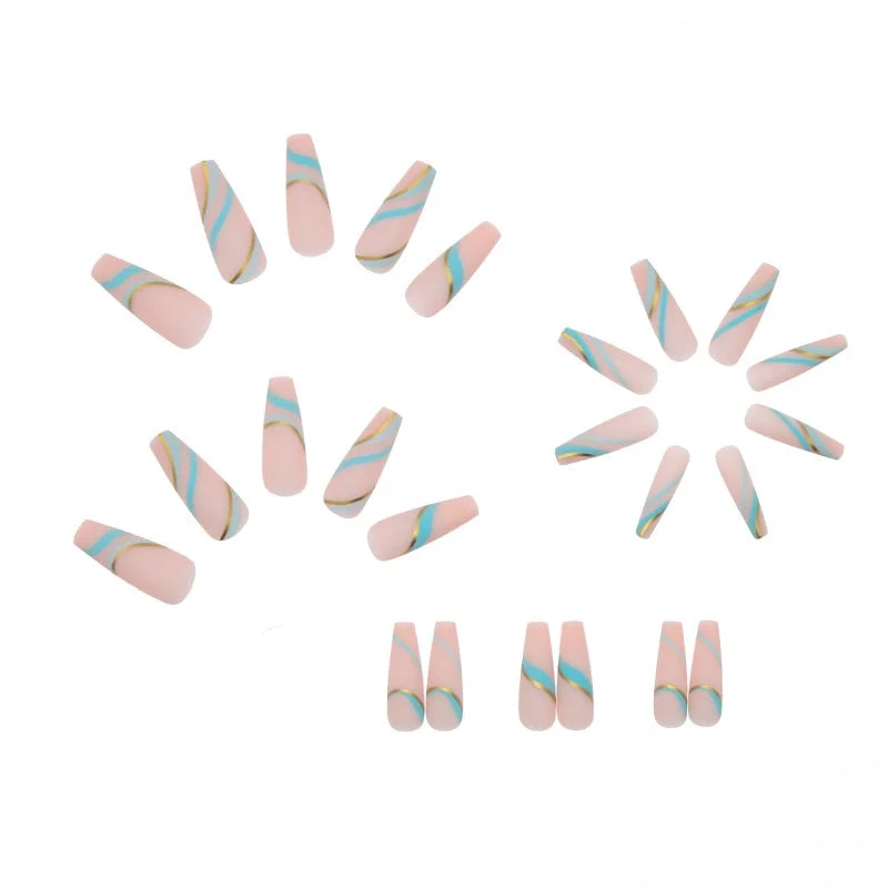 European Fake Nails Women Coffin MId Length False Nails Tip with Stripe Design Press on Matte Nail Patch for DIY Art Nail Salon-Nail Inspo