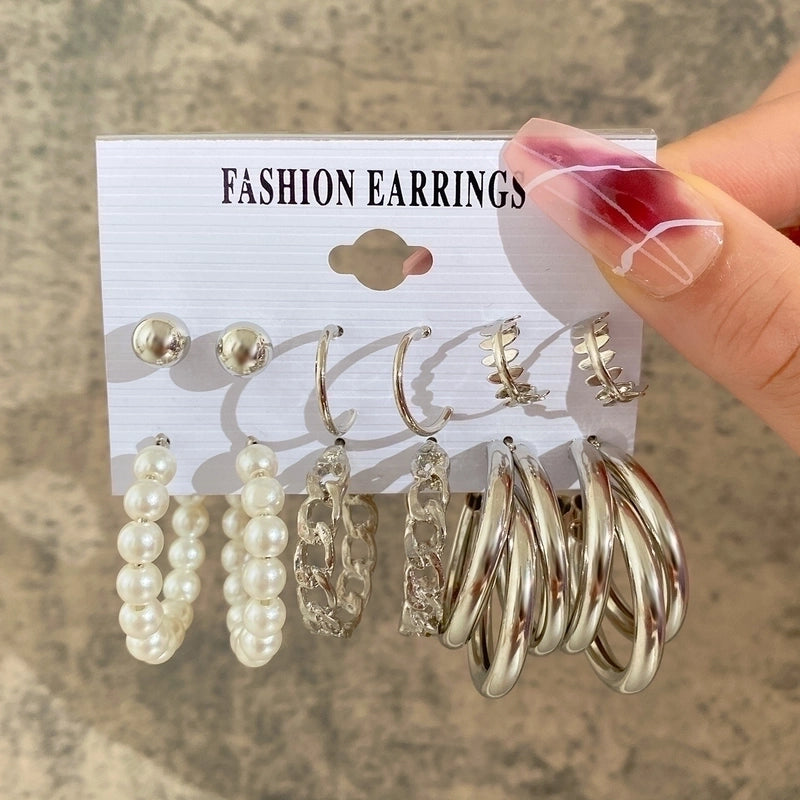 Geometric Plating Alloy Pearl Hoop Earrings