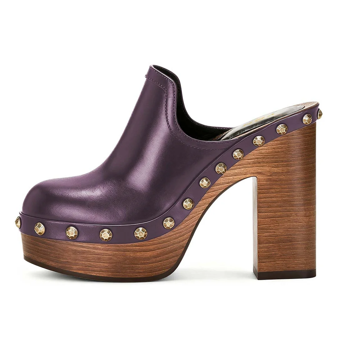 Purple Closed Toe Casual Chunky High Heel Studded Platform Mules