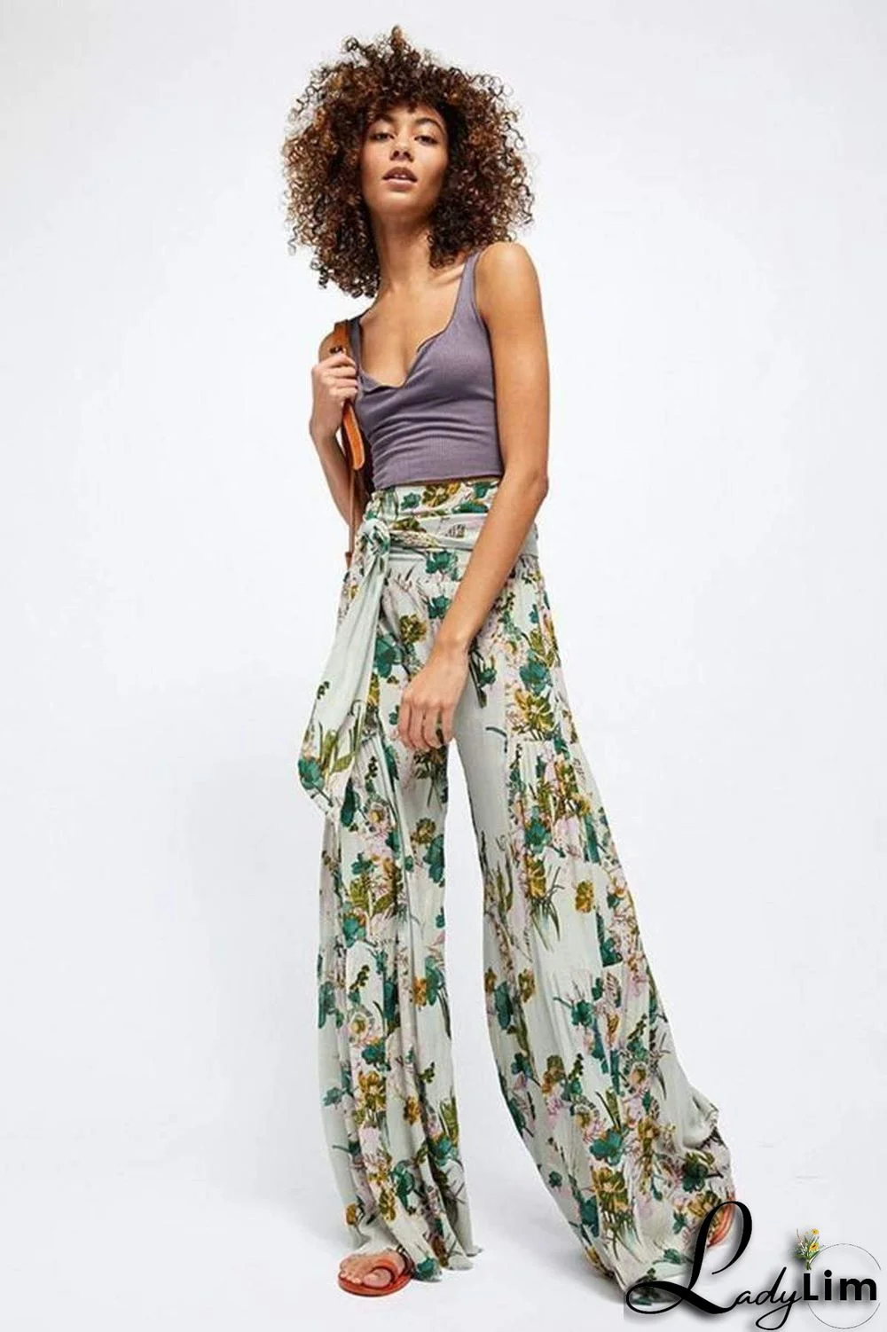 Waist Bowknot Tie Printed Beach Pants