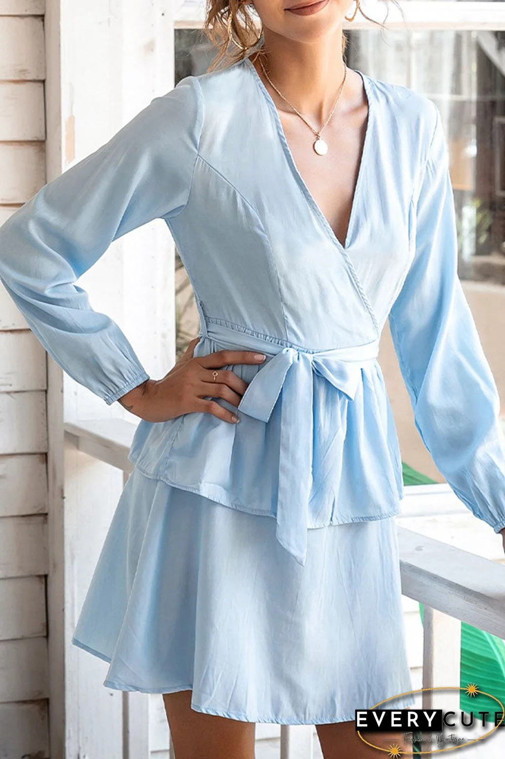 Fashion Sweet Solid Split Joint V Neck Cake Skirt Dresses