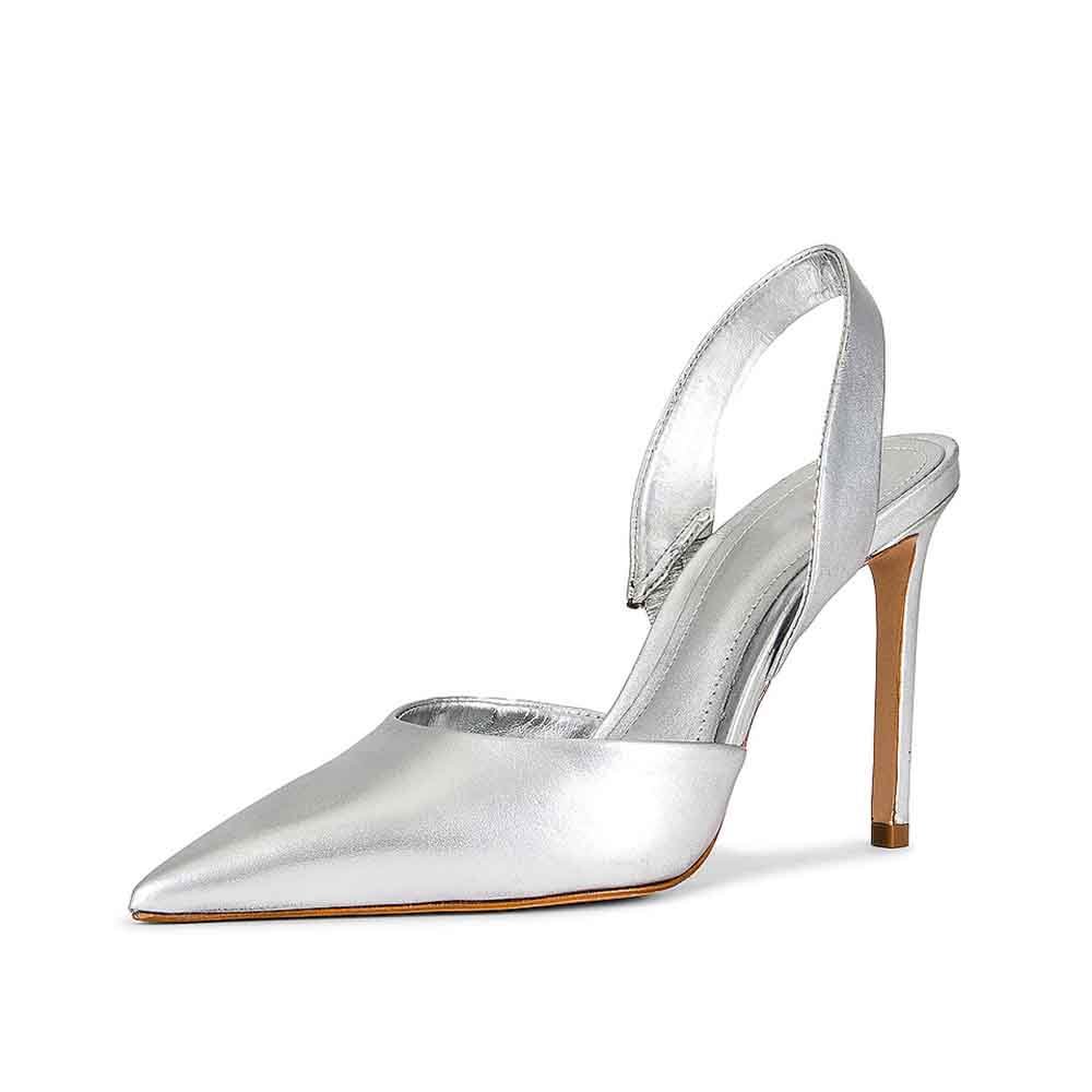 Silver Pointed Toe heeled pumps with Slingback Strappy Design Nicepairs