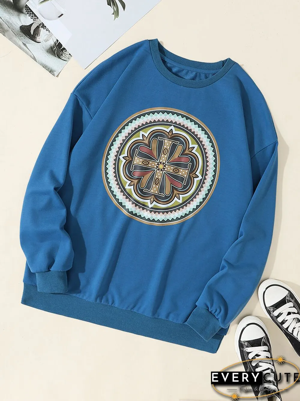 Cross Geometric Pattern Crew Neck Long Sleeve Loose Sweatshirt