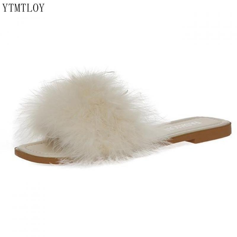 Mules Slippers Women Fashion Square Toe Furry Flat Shoes Office Ladies Slides Flats Green White Pink Ytmtloy Zapatillas Mujer