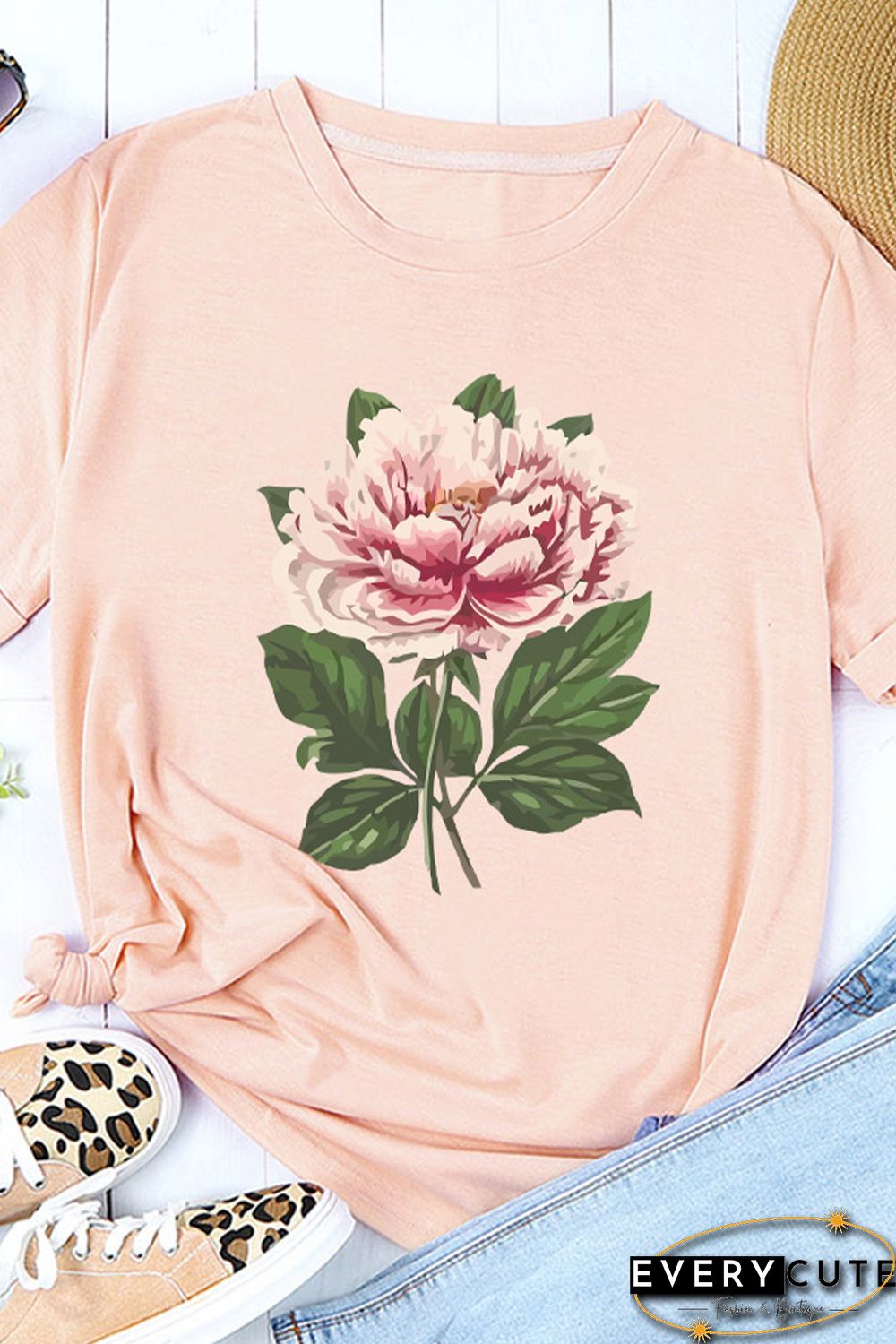Pink Flower Print Crewneck Short Sleeve Top