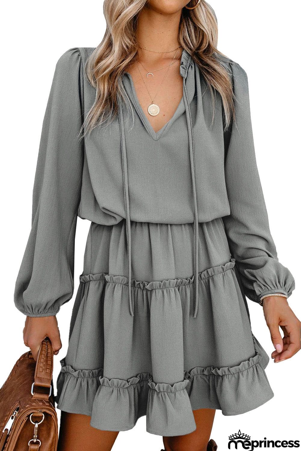 V Neck Long Sleeve Ruffle Tiered Mini Dress