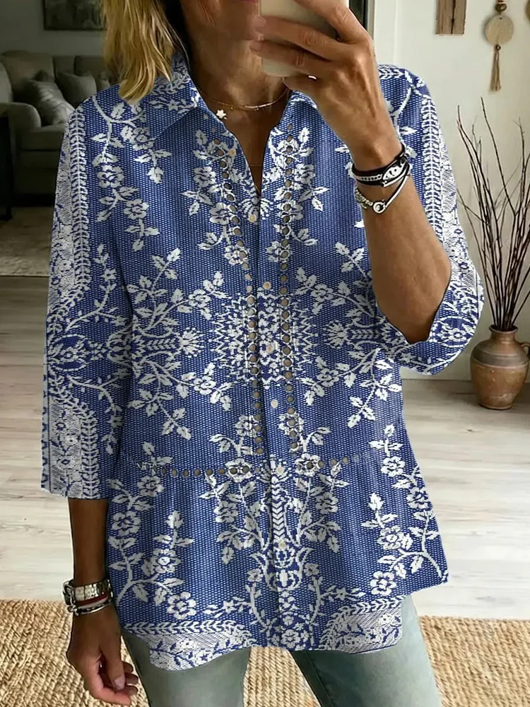 Women's Retro Floral Art Print Casual Lapel Cotton Shirt