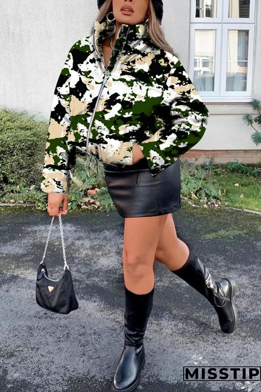 Cyanine Fashion Casual Print Basic Mandarin Collar Outerwear