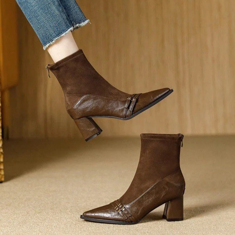Yyvonne Brown Short Boots Women Thick And 2025 Autumn And Winter New Splicing Elastic Thin Boots Tips 6CM High Heels