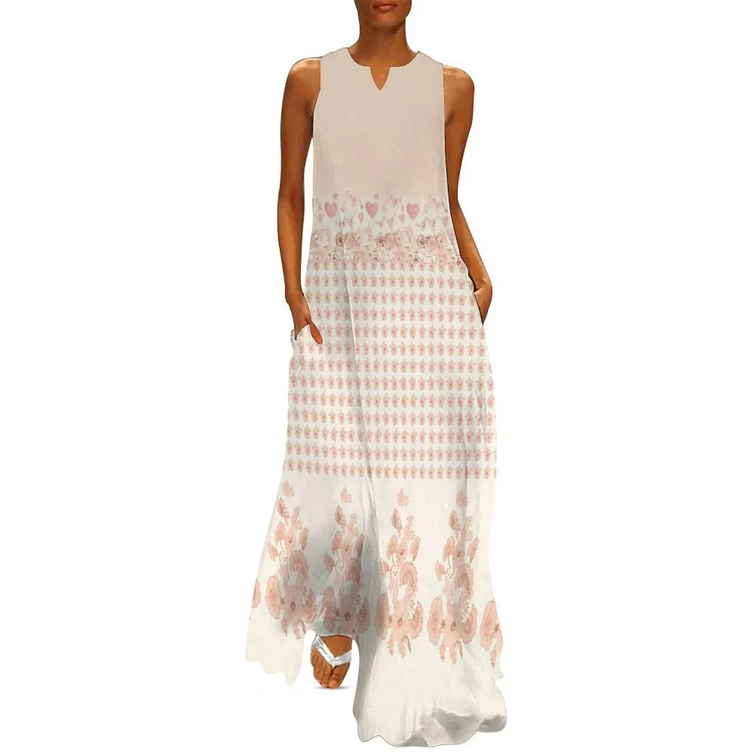 Style & Comfort for Mature Women Plus Size Printed Sleeveless Casual Women Maxi Dress with Pockets in Pattern Floral, Pink, Heart