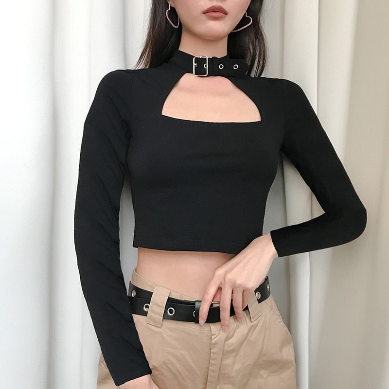 InsGoth Bandage Hollow Out Black Crop Tops Gothic Streetwear Women Sexy Tops Bodycon Slim Short Sleeve Punk T-shirts Fashion New