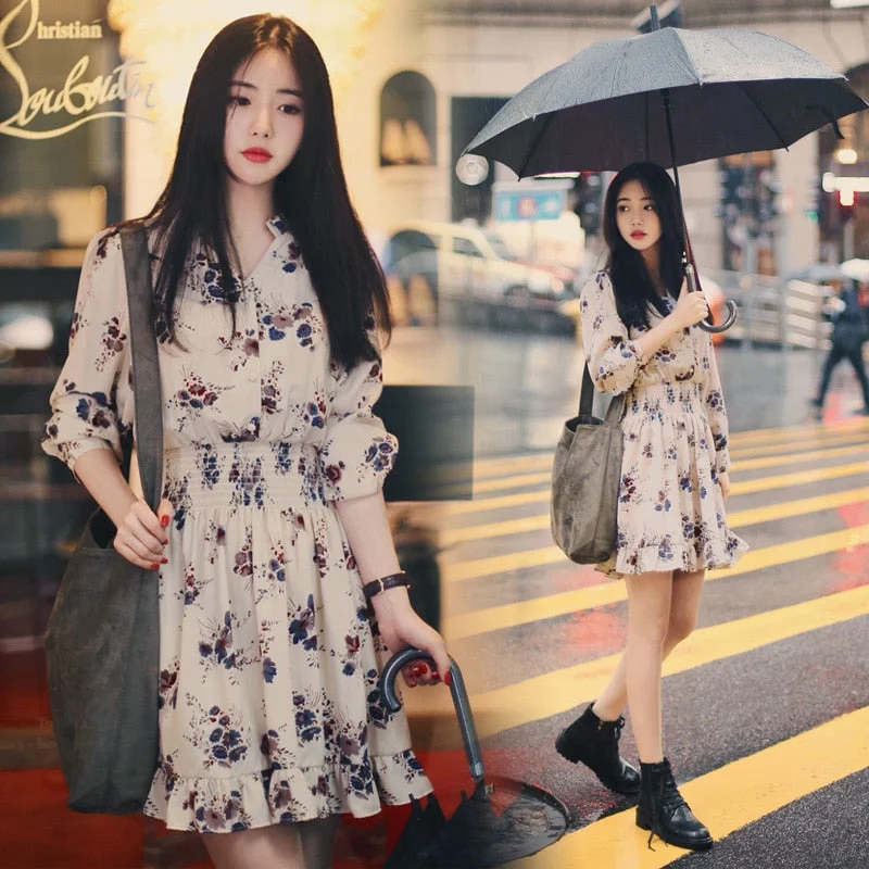 Dress Women Printed Korean Style Retro All-match Chiffon Ruffles Leisure Womens A-Line Clothing Long Sleeve Female V-Neck Female