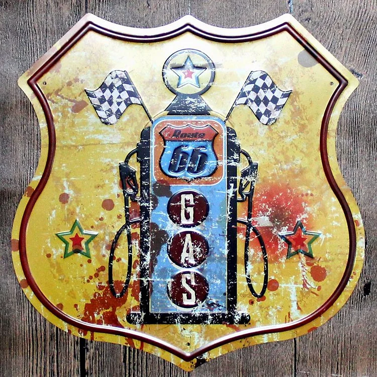 ROUTE 66 - bouclier en forme de bouclier vintage panneaux en étain / panneaux en bois - 11.8x11.8in