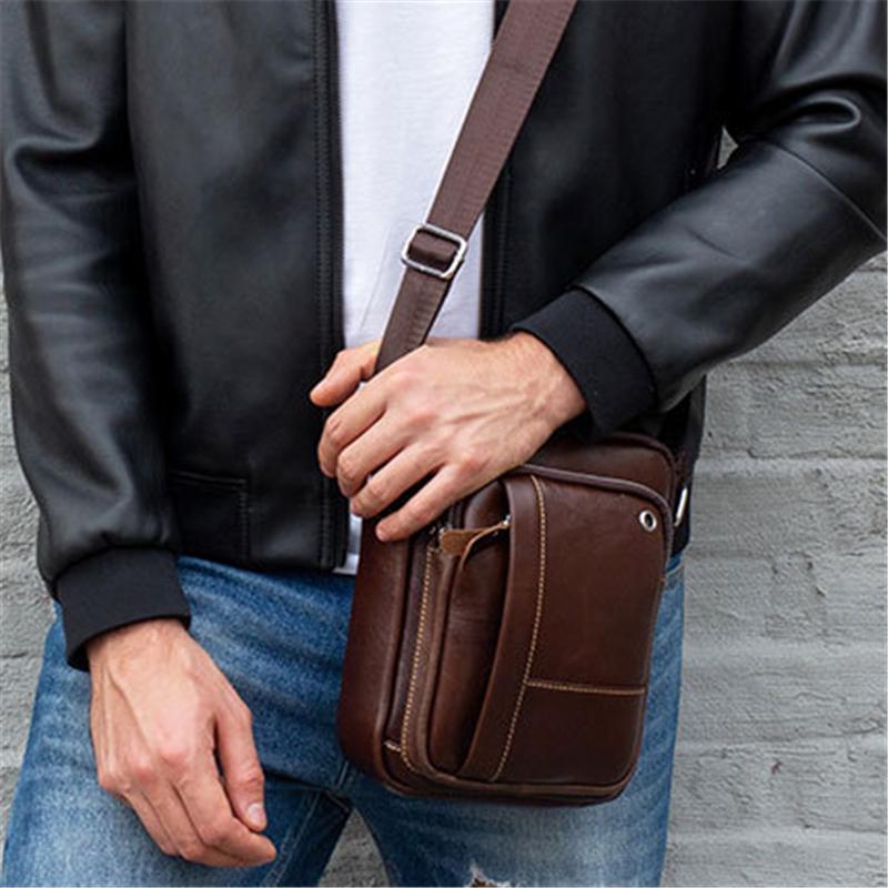 Mens Casual Leather Sling Shoulder Bag With Earphone Hole