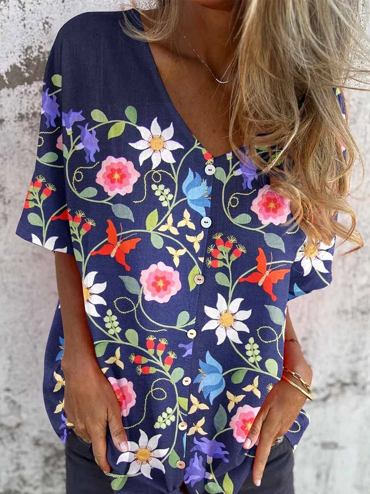 Women's Elegant Floral Pattern Shirt Style Cotton and Linen Top
