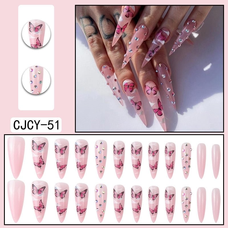 24Pcs Long Almond False Nails With Glue Pink Butterfly Cloud Rhinestones Design Acrylic Fake Nail Detachable Press On Nail Tips