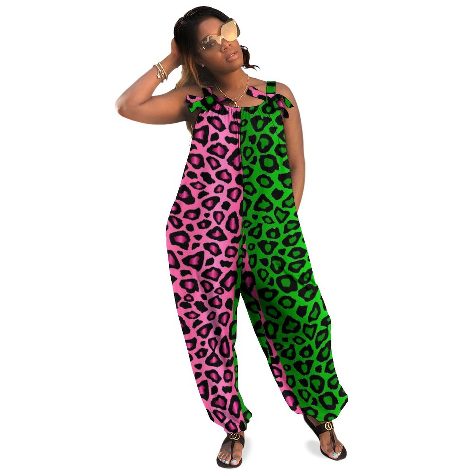 Lime Green Hot Pink Leopard Animal Plus Size Sleeveless Jumpsuit Summer Harem Pants Women Casual Wide Leg Business Designer Polyester Spandex