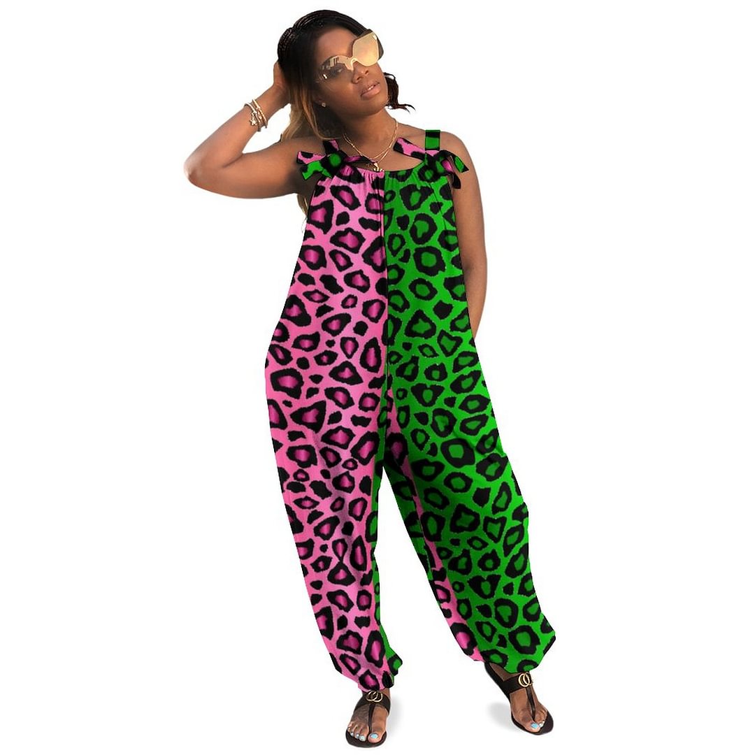 Lime Green Hot Pink Leopard Animal Boho Vintage Loose Overall Corset Jumpsuit Without Top