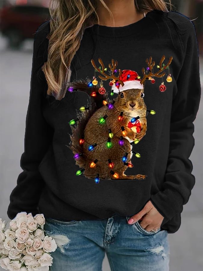 Women's Funny Christmas Squirrel Lights Print Sweatshirt
