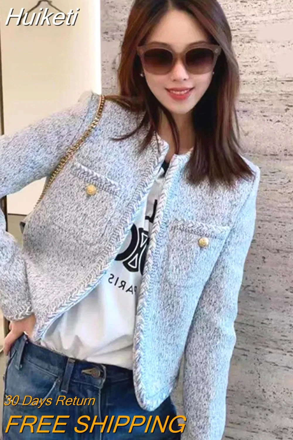 Huiketi Elegant French Sweet Tweed Jacket Women Fashion Buttons Faux Wool Short Coat Fall Winter Long Sleeve Design O Neck Jacket
