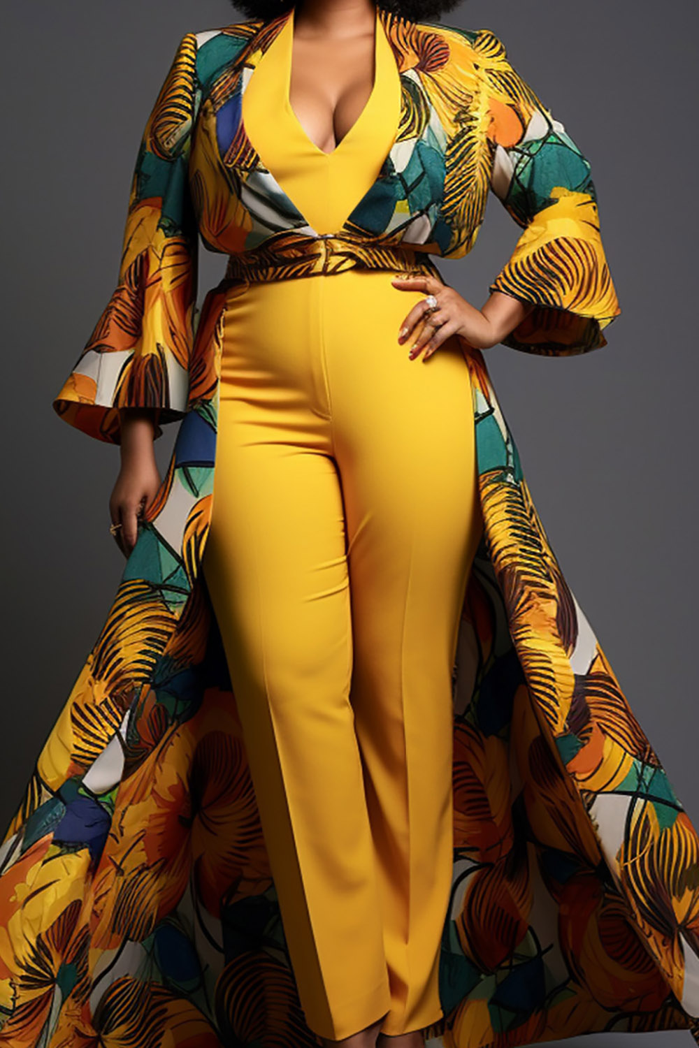 Design Plus Size Mother Of The Bride Elegant Multicolor Ankara V Neck Flare Long Sleeve Knitted Jumpsuits Cardigan Set [Pre-Order]