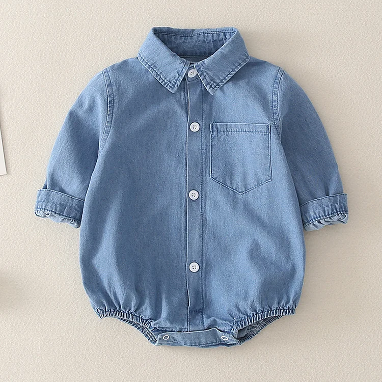 Baby Boy/Girl Solid Color Casual Denim Long Sleeve Bodysuit