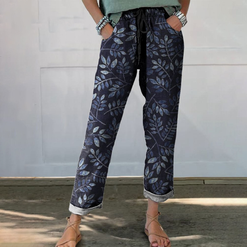 Women's Vintage Leaves Floral Printed Cotton Linen Casual Pants