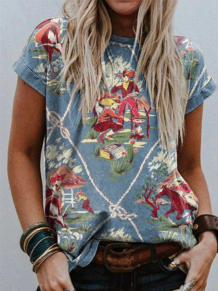  Western Cowboy Print Casual Cozy Vintage T-Shirt Westsshops