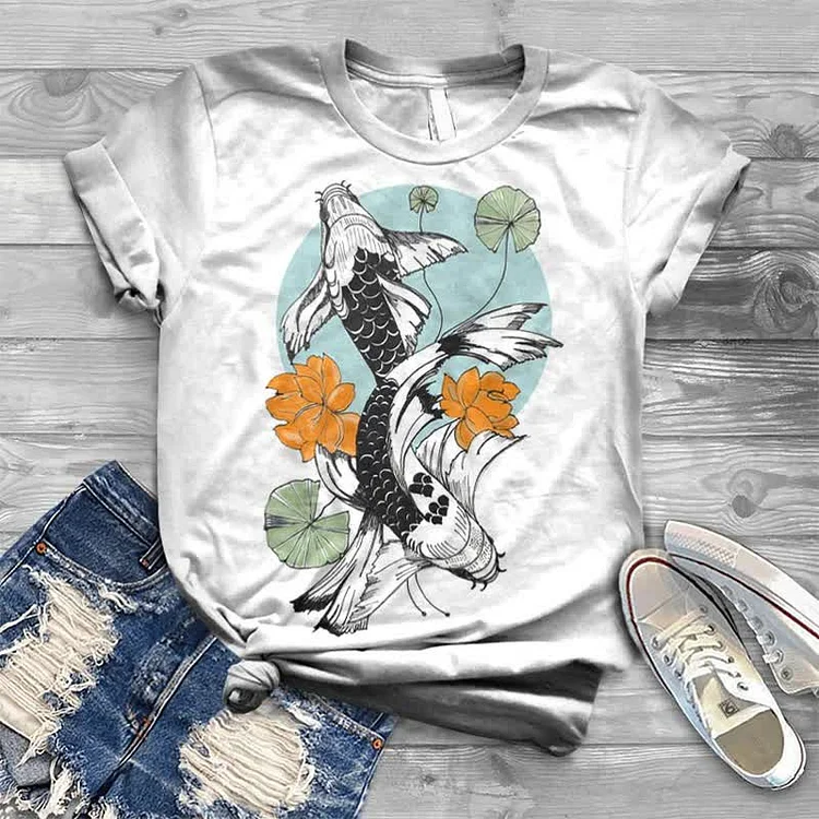 Lotus Pond Bottom Koi Japanese Style Print T-shirt
