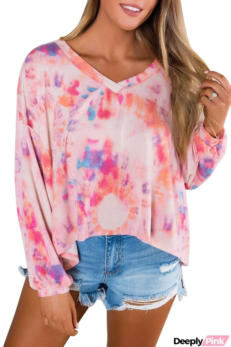 Tie-dye V Neck Long Sleeve Top