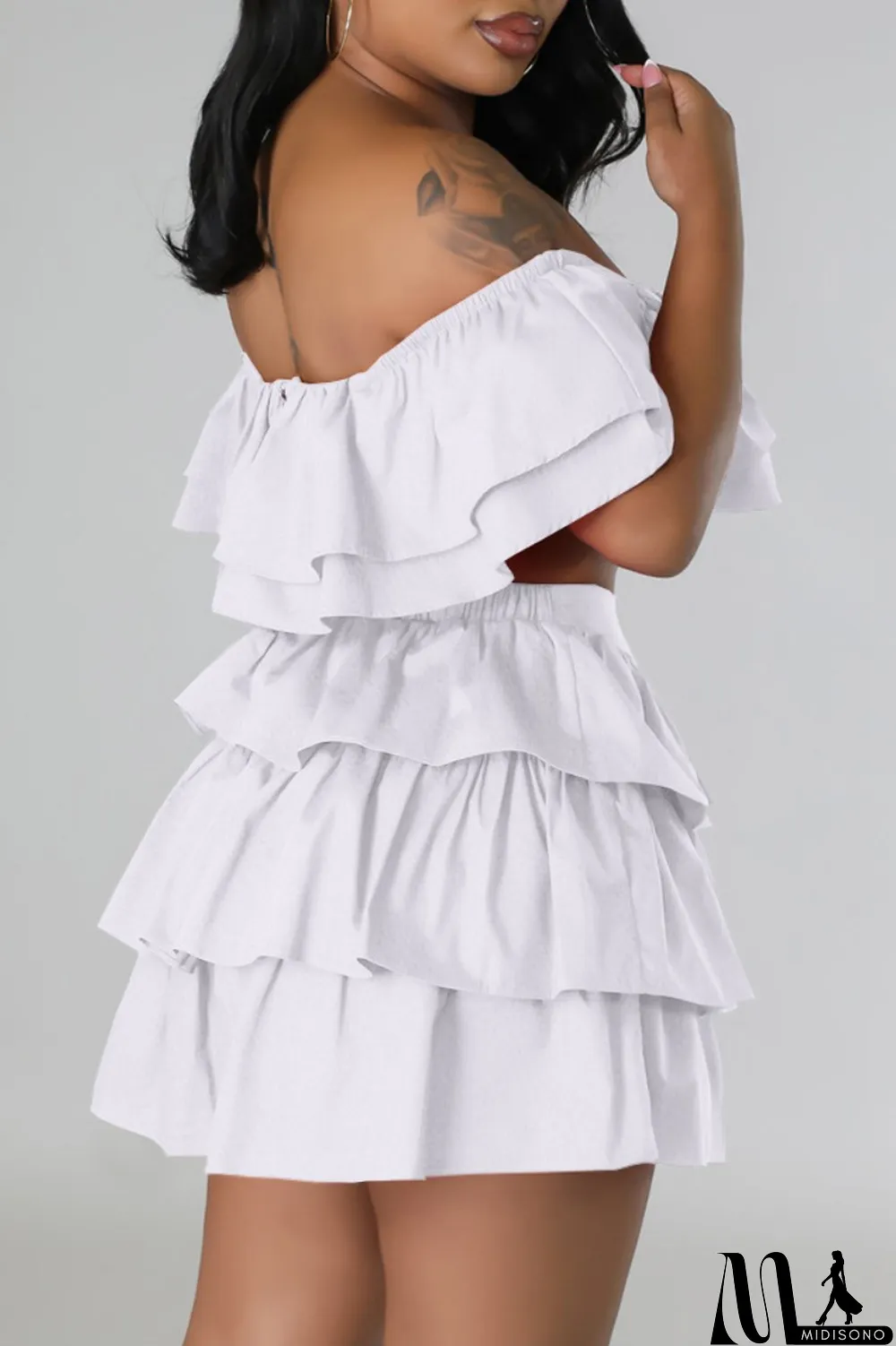 MidiSono - Rose Red Sexy Casual Solid Patchwork Backless Off the Shoulder Short Sleeve Two Pieces