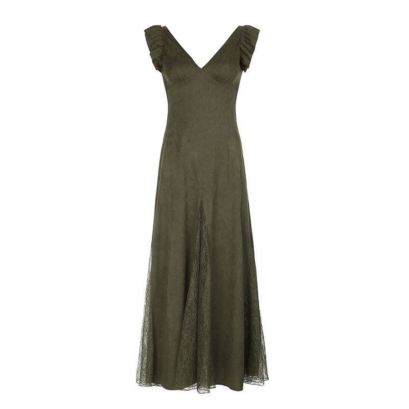 Aiertu prom dresses Retro Lace Stitching V-neck Chest Pleated Small Flying Sleeve Dress Women's Waist-Tight Temperament Royal Sister Dress aiertu