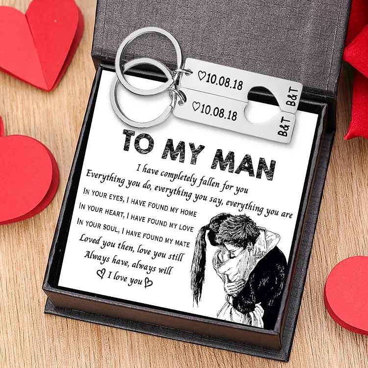 To My Man/My Love Heart Keychain Set Personalized Date Initial Keyring Matching Couple Gifts