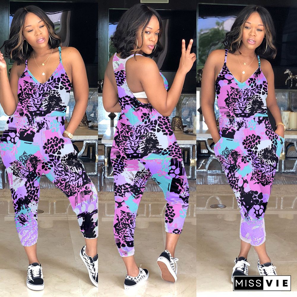 Colorful Elements Printed Loose Suspenders Jumpsuit