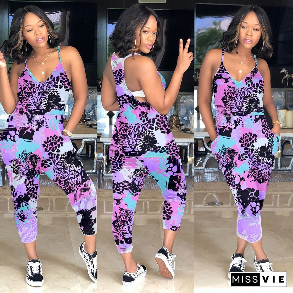 Colorful Elements Printed Loose Suspenders Jumpsuit
