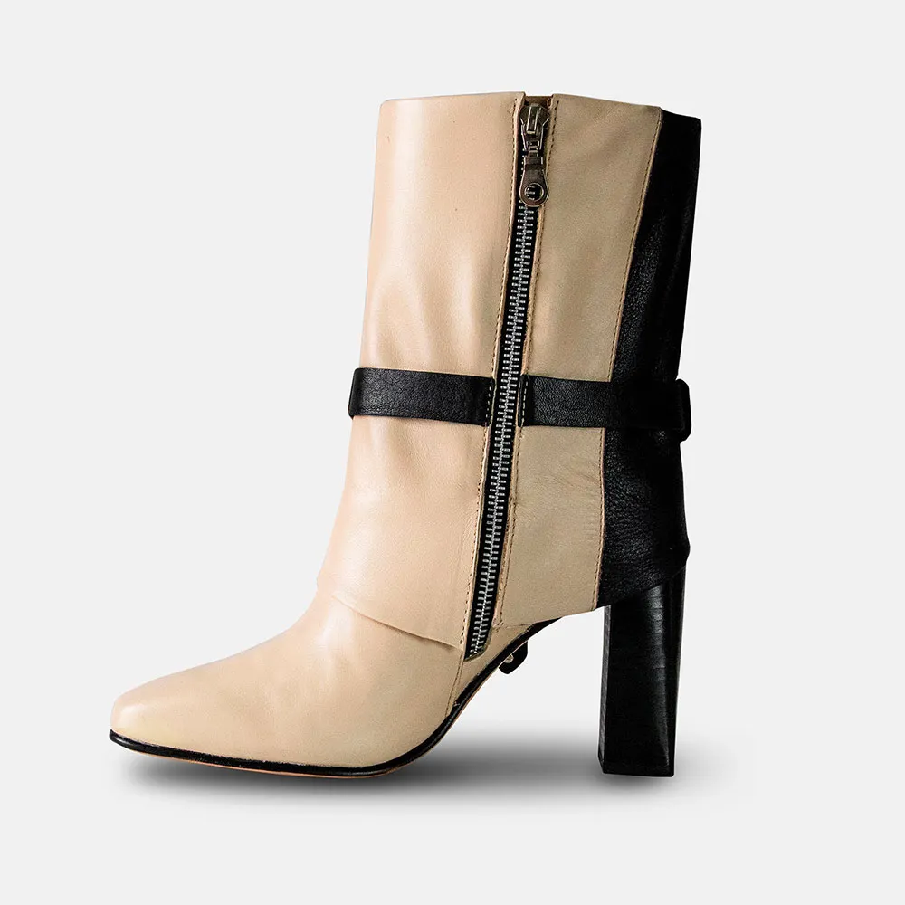 Chic Beige & Black Square Toe Chunky Heel Boots for Women with Zipper