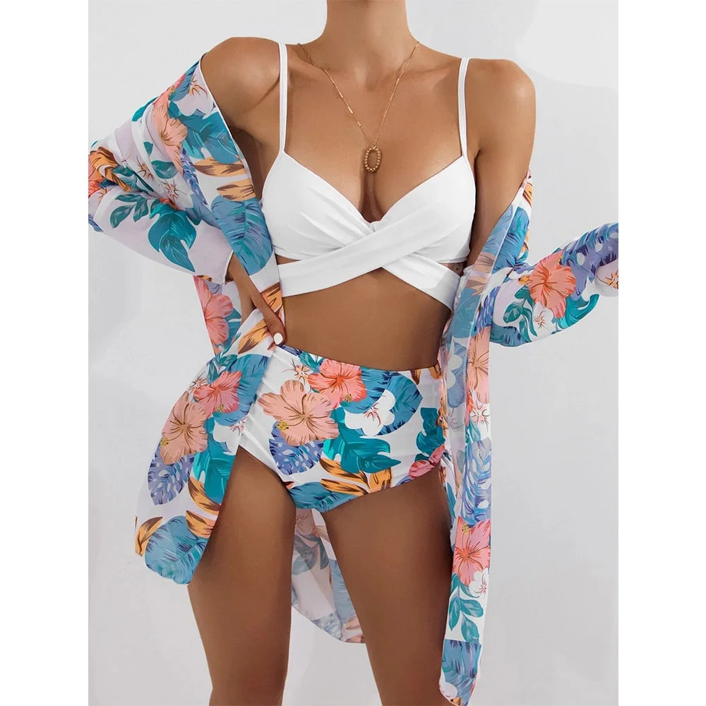 2022 Sexy Bikinis And Cover Set Women Swimsuit Printed Swimwear High Waist Summer Strappy Bathing Suit Beach Wear Biquini Female