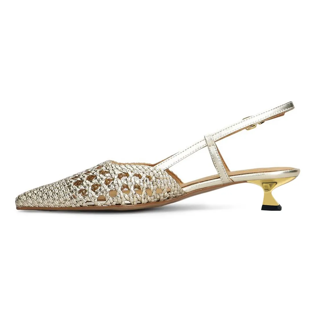 Stylish Gold Pointed Toe Woven Slingback Pumps Heels with Cut-Outs