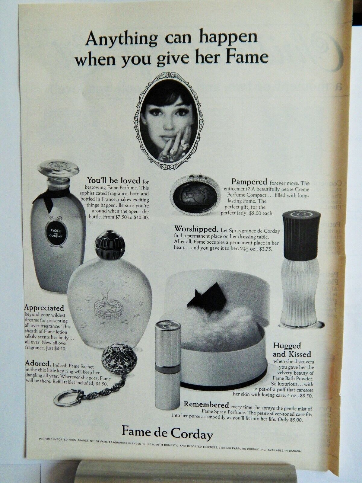 FAME DE CORDAY LADIES COSMETICS ORIG. VTG 1966 Photo Poster painting AD,