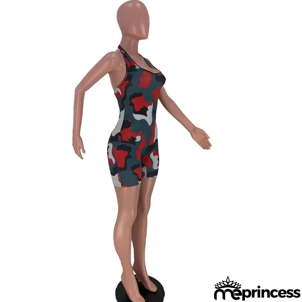 Camouflage Printed Hanging Neck Sexy Casual Rompers
