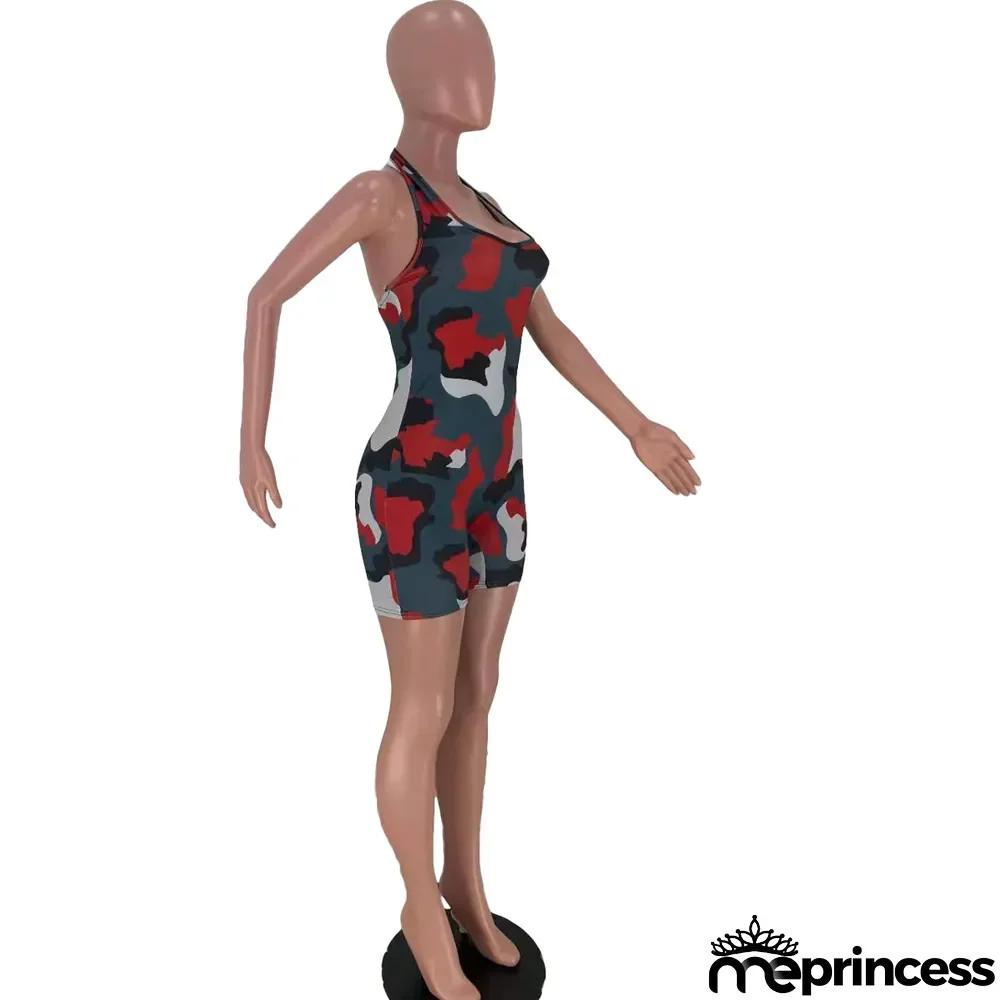 Camouflage Printed Hanging Neck Sexy Casual Rompers