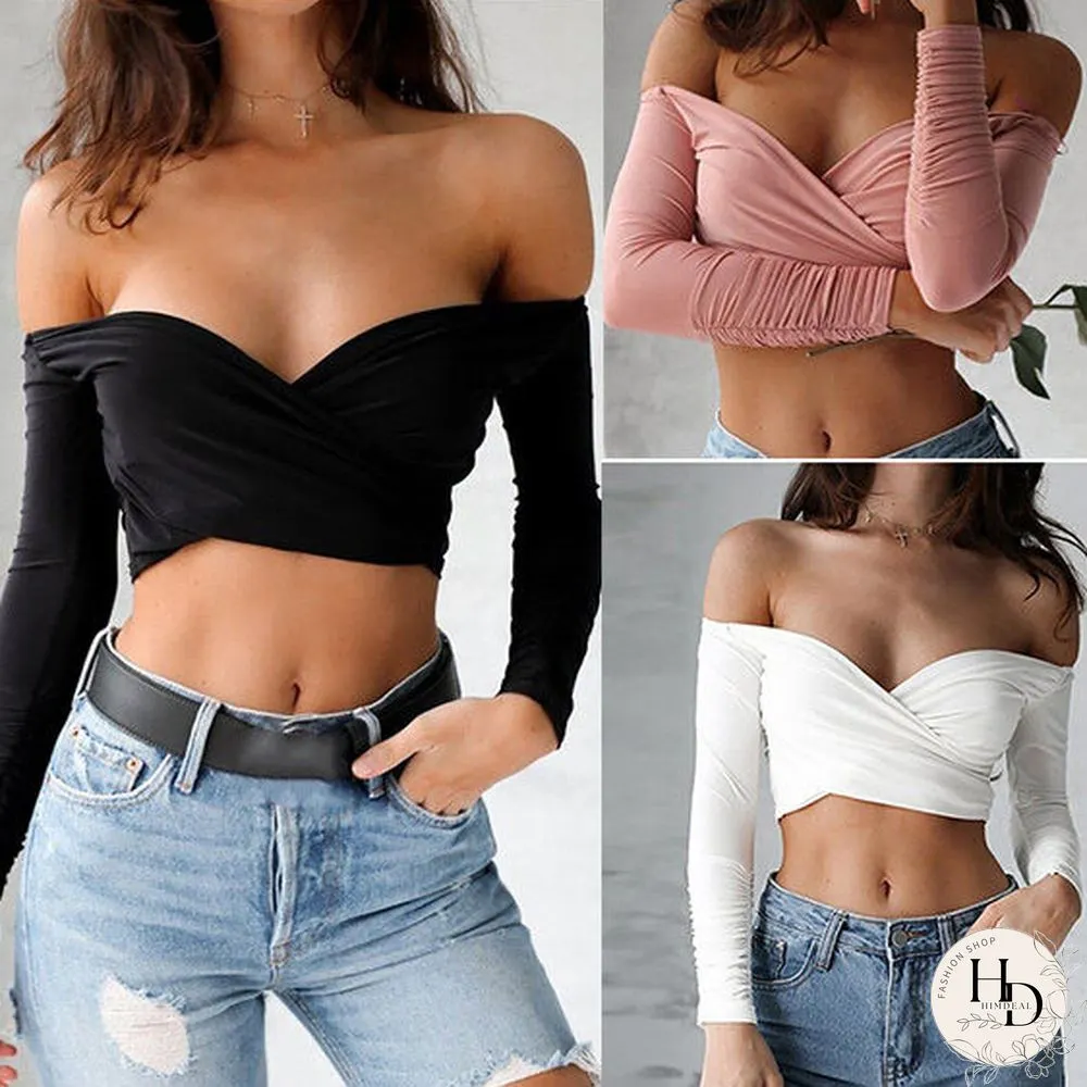 Sexy Deep V-neck Tops Cross Long Sleeve Lady Girl Crop OffThe Shoulder T-Shirt Summer