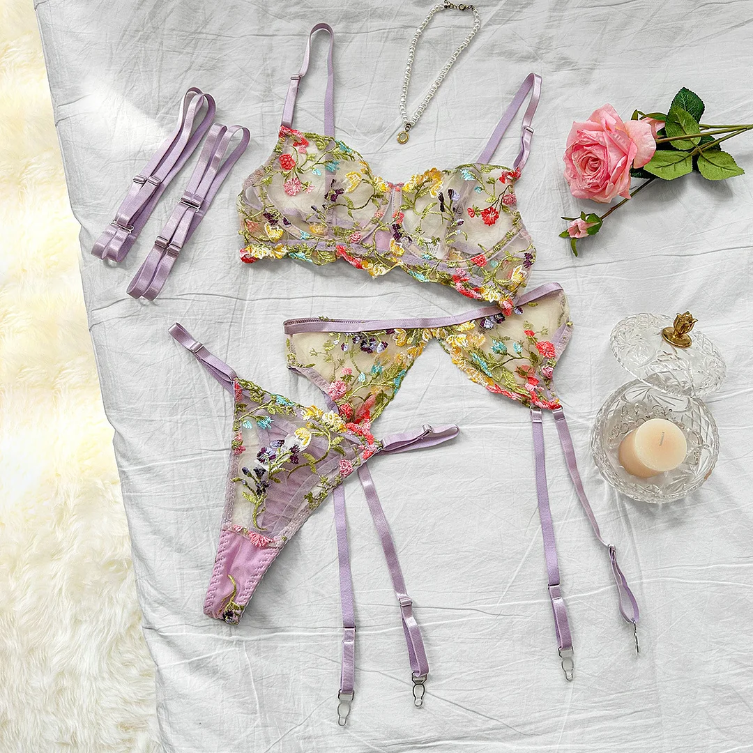 Churchf Sex Lingerie Sexy Embroidery Beauty Small Broken Flower Color Bra Garter Set