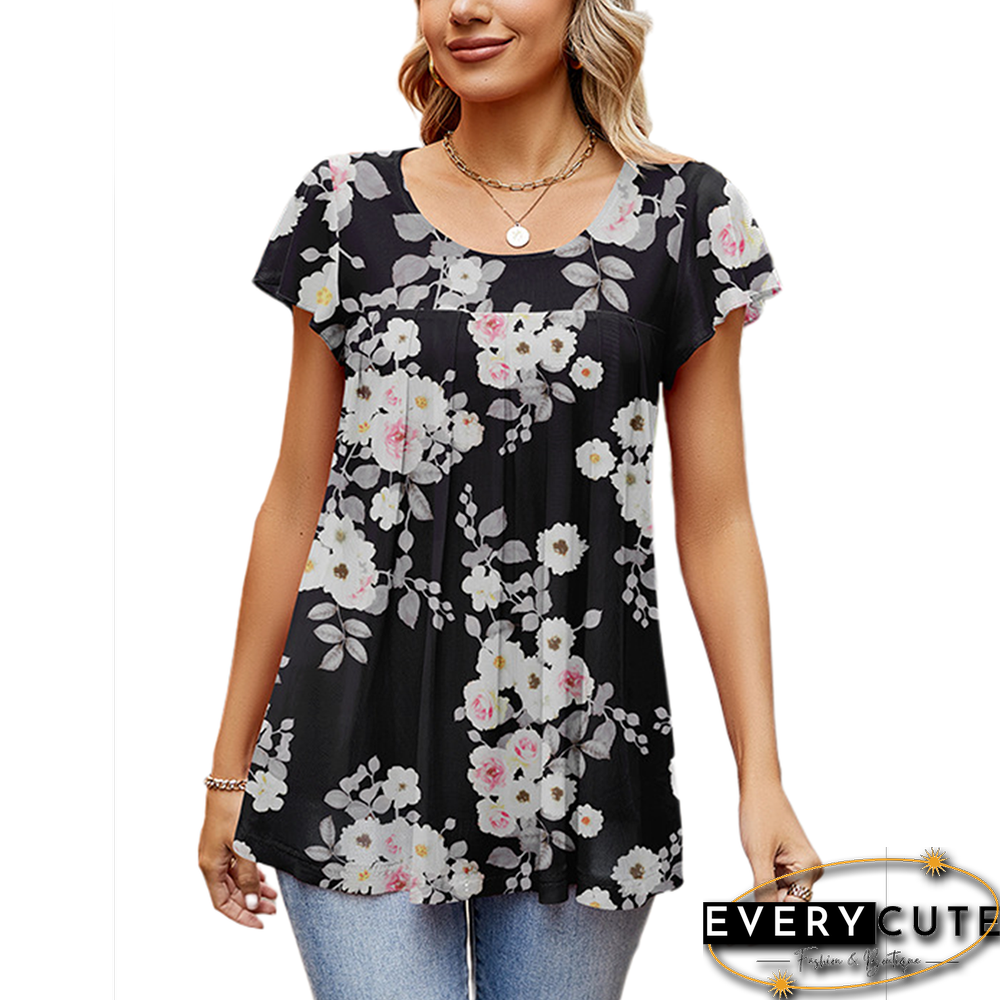 Pink Floral Print Splicing Mesh Tunic Tops