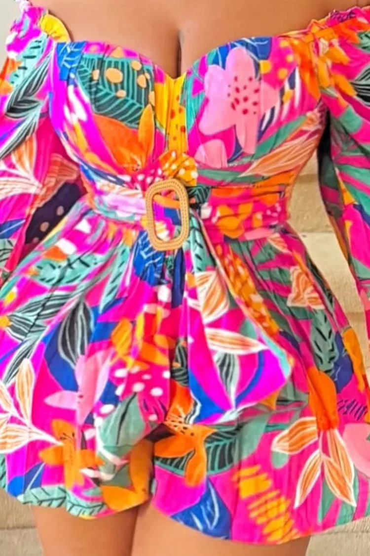 Floral Print Off Shoulder Vacay Flare Leg Romper Playsuit-Fuchsia [Pre Order]