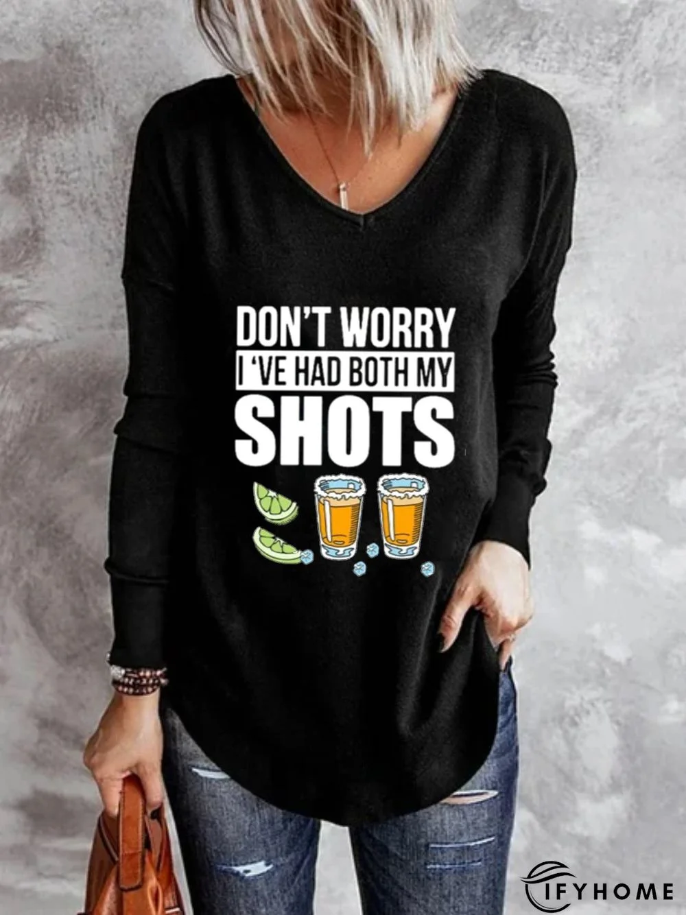 Casual Long Sleeve V Neck Plus Size Printed Tops T-shirts | IFYHOME