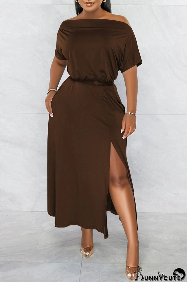 Brownness Fashion Casual Solid Patchwork Slit Off the Shoulder Short Sleeve Dress